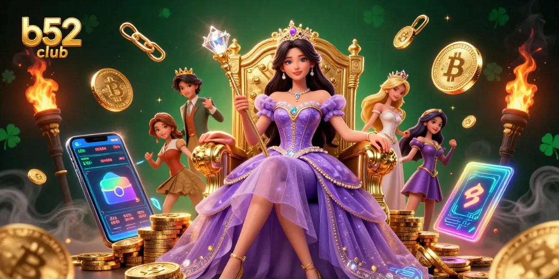 Play at b52 club with a stunning 3D illustration of a royal character amidst vibrant crypto elements and casino treasures.