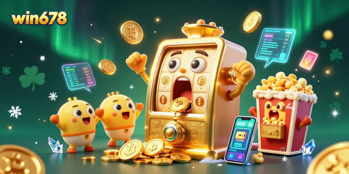 win678 slot machine hits jackpot, coins pour out, vibrant cartoon style illustration