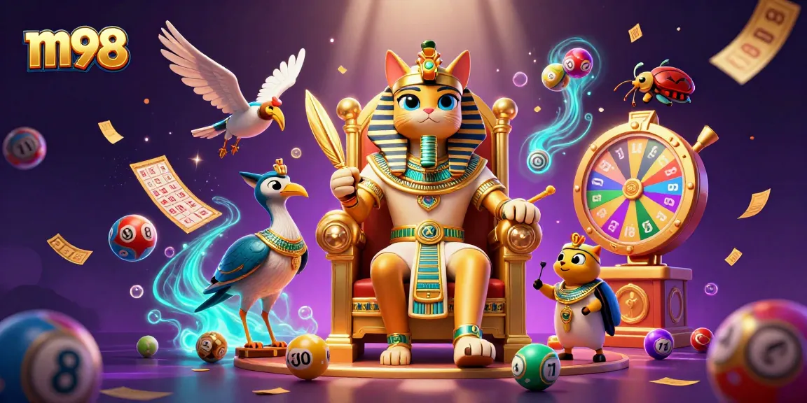 Experience thrilling m98 gameplay with our vibrant 3D casino scene featuring colorful lottery elements and intricate characters.