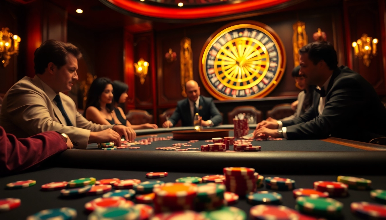 Exciting poker action at the kuwin02 casino with colorful chips and a spinning roulette wheel.