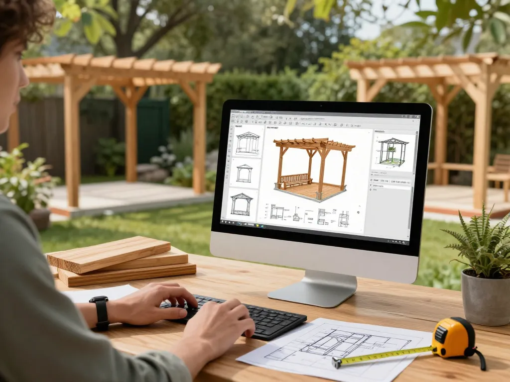 Using a pergola 3D planner software to design outdoor structures in a bright backyard.