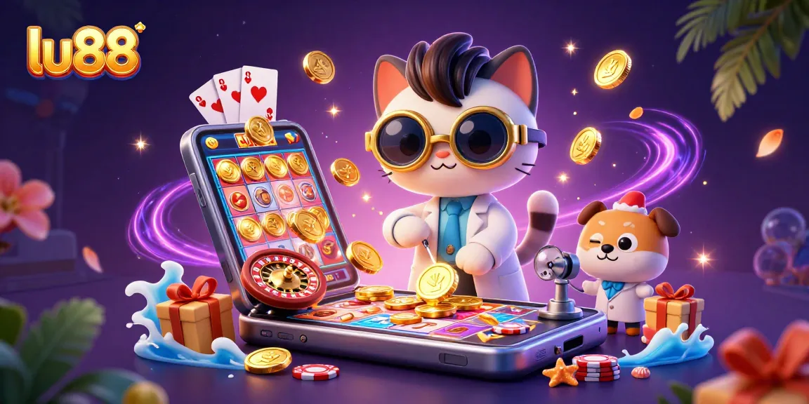 Engage with thrilling slots at lu88 with a whimsical lab scene featuring a mad scientist cat.