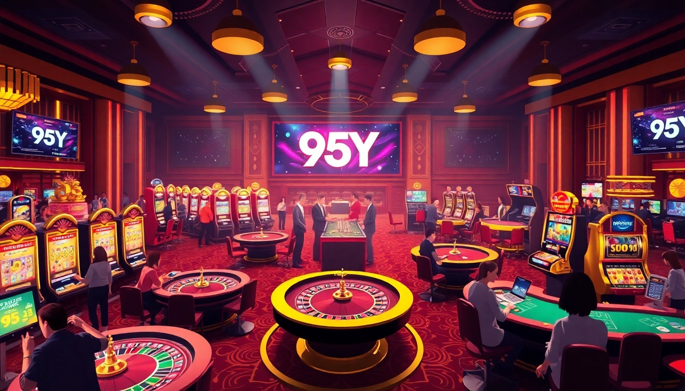 95Y casino scene with vibrant games, players enjoying luxurious slot machines and roulette.