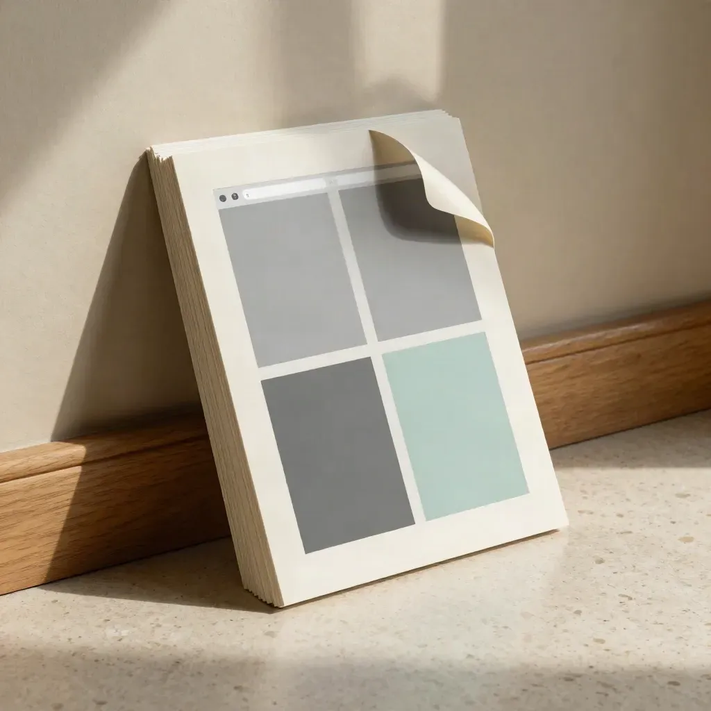 Website mockup boards and a phone shell on foam core, softly lit in a warm studio corner.