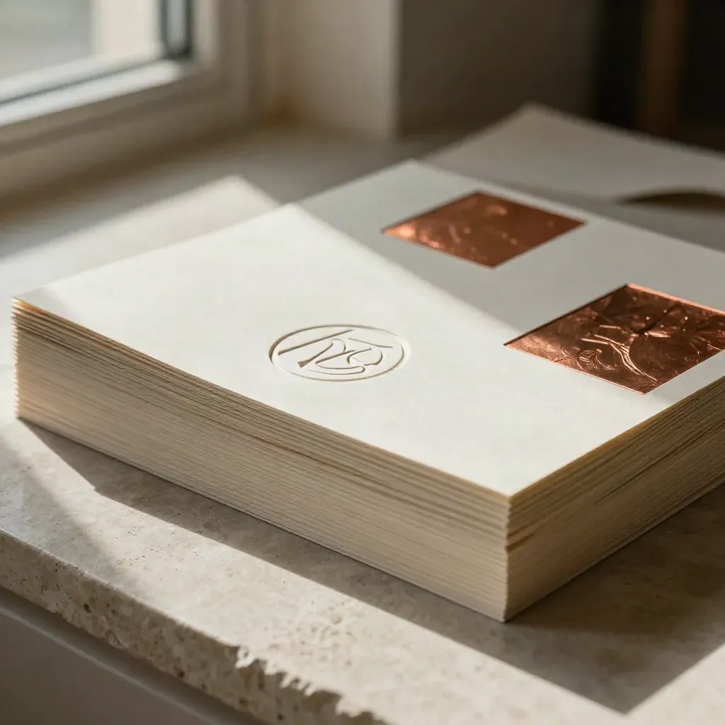 Copper logo-route boards and foil mark samples on pale stone, lit by warm upper-left daylight