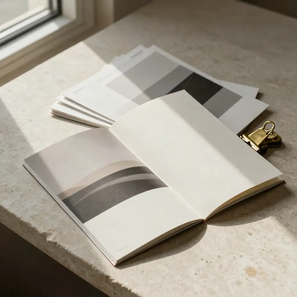 Brochure sheets and a brass clip on pale stone, one spread opening in bright light.