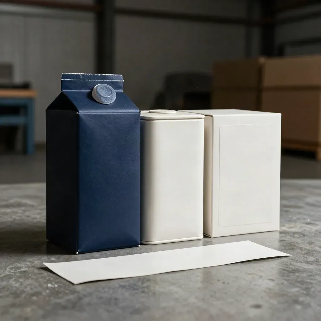 Navy packaging mockup sleeve, tea tin and box net on a concrete warehouse floor.
