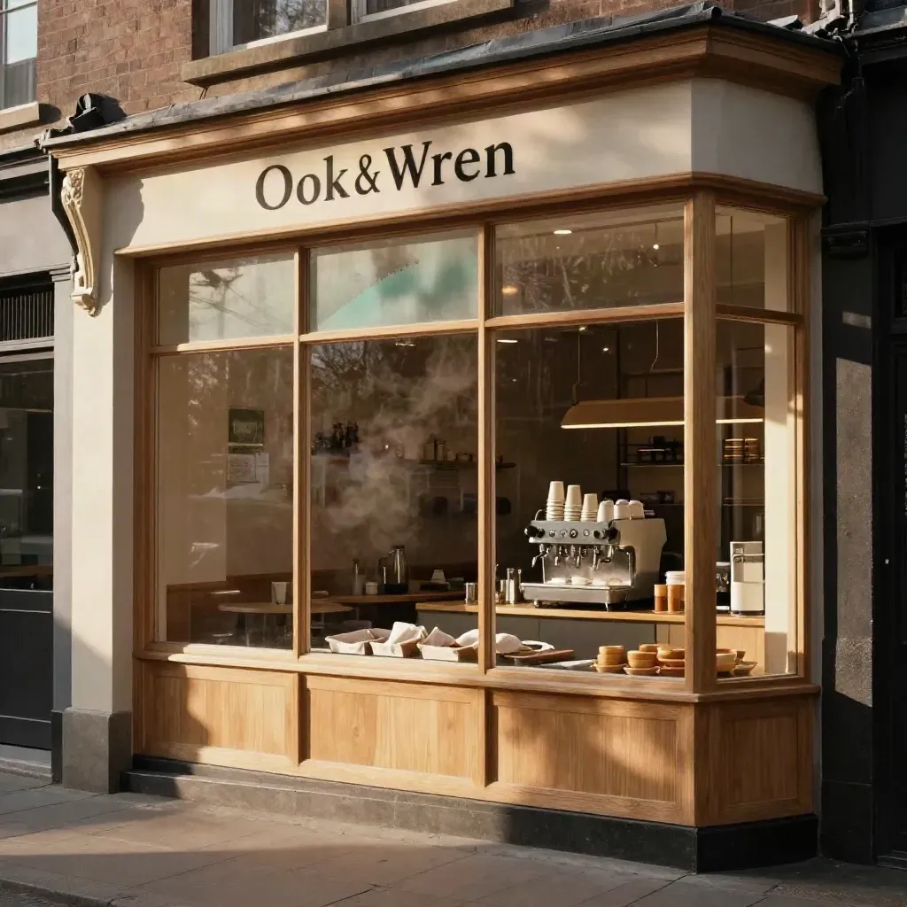 Empty Oak & Wren cafe frontage with pastry counter, cups and fresh window film in warm morning light