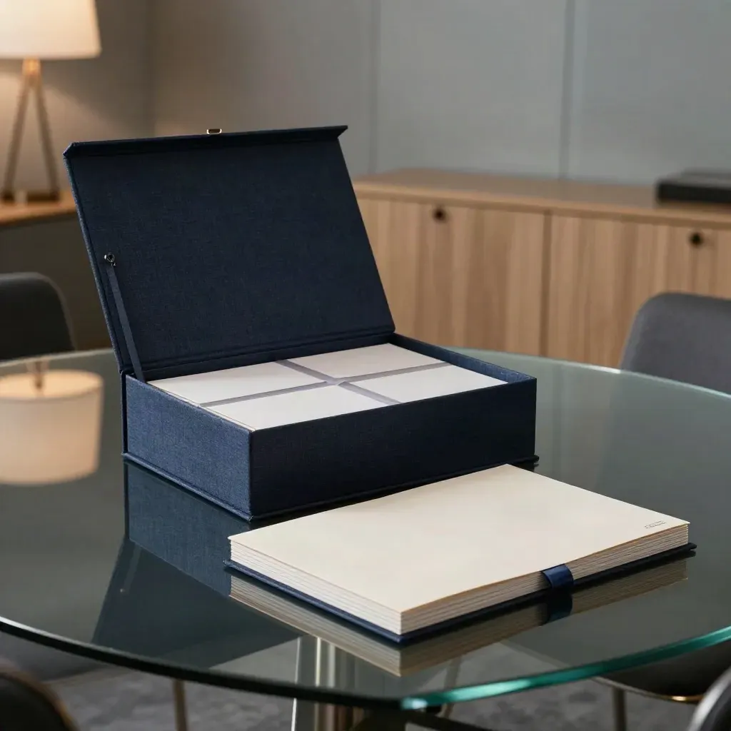Opened navy pitch-deck folio on a glass table in a quiet meeting room, lit with warm glow