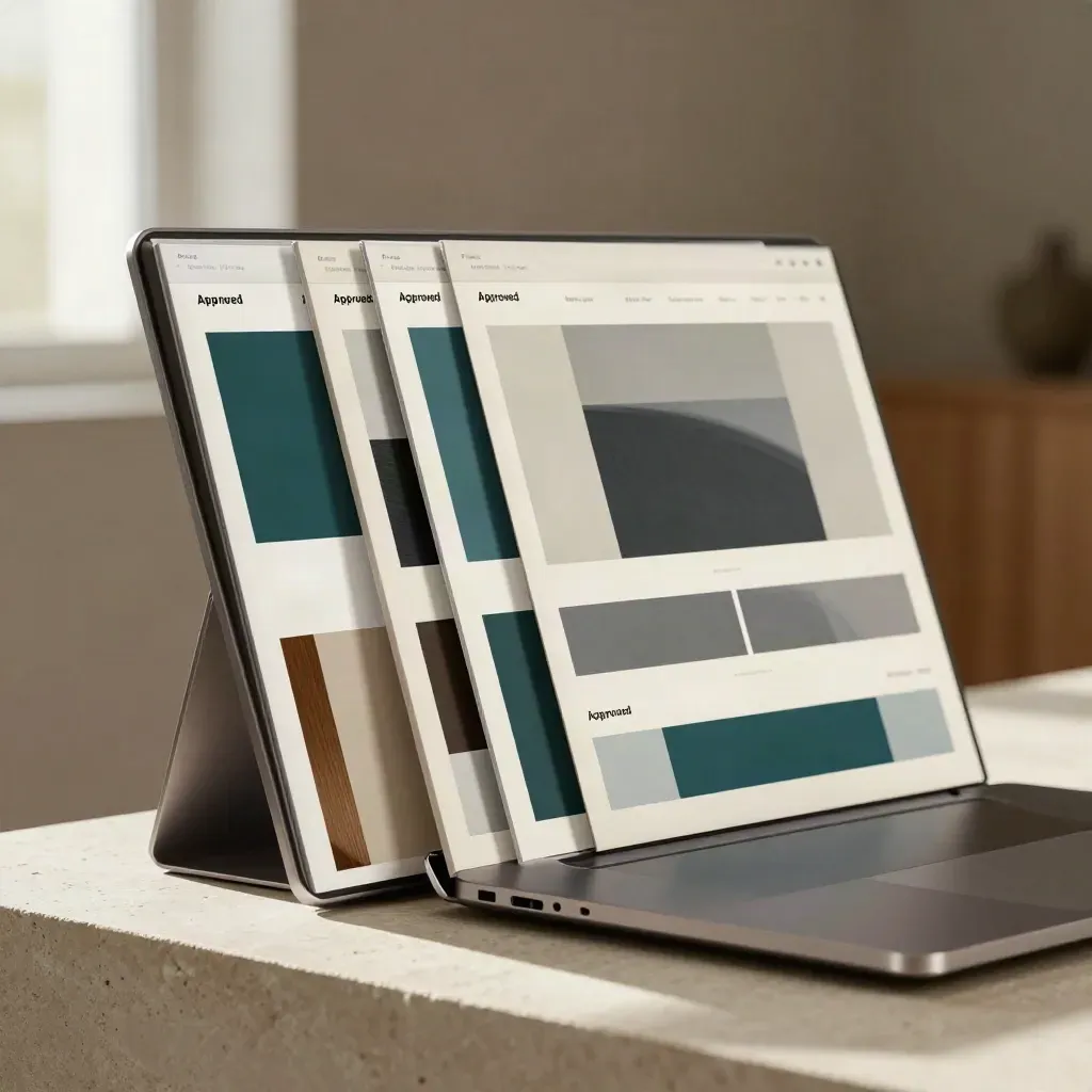 Macro of website approval boards in a stand beside a closed laptop with muted teal accents.