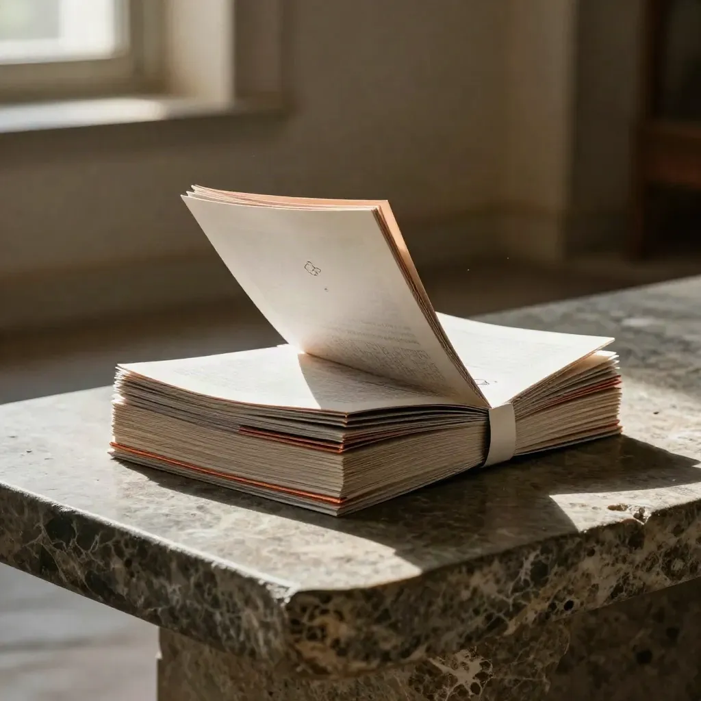 Fresh flyer stack and folded brochures fanning across a stone slab in directional daylight