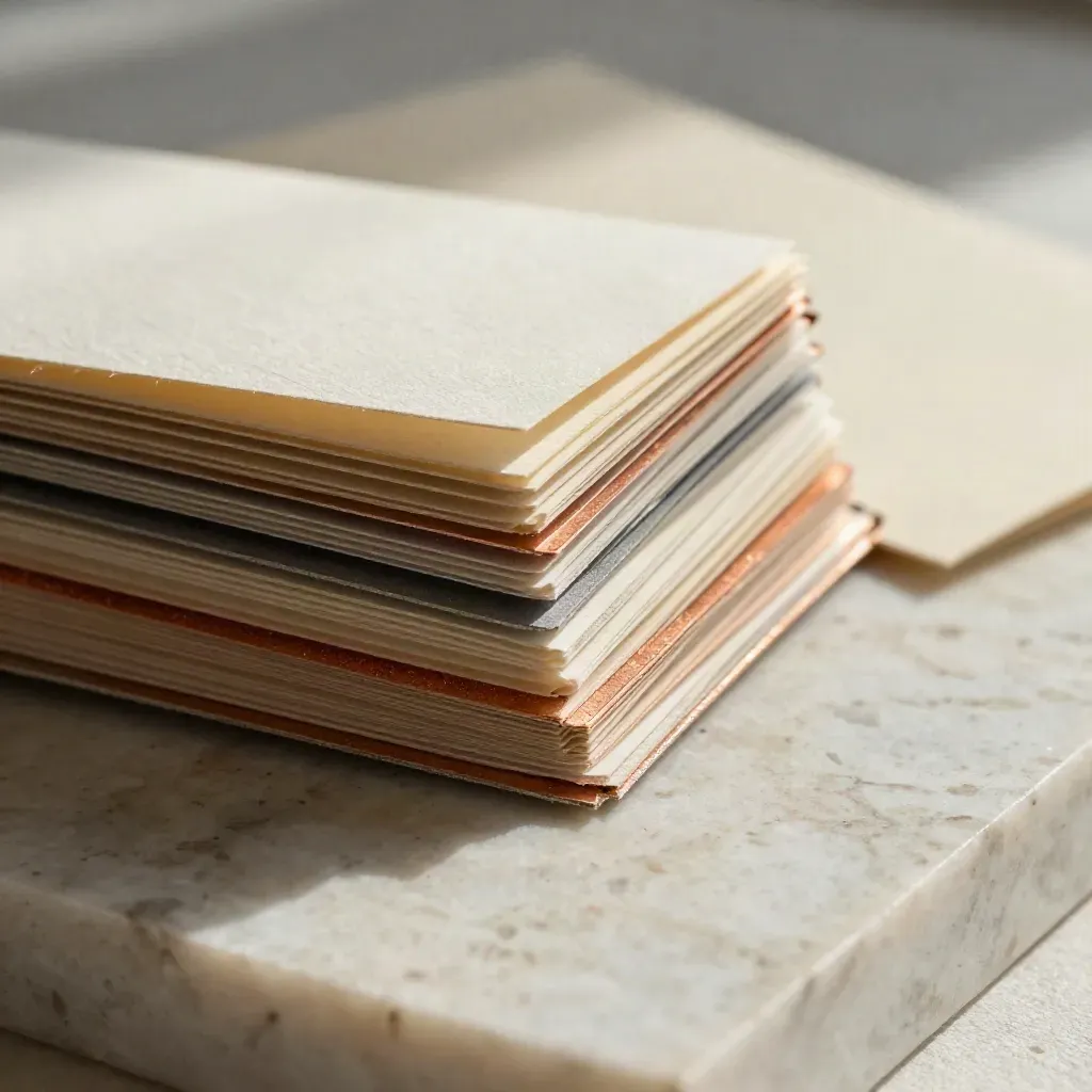 Macro of paper swatches, copper foil chips and embossed sample cards on travertine