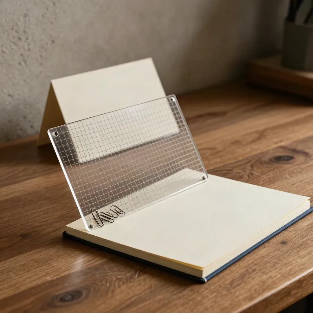 Acrylic grid sheet, paper clips and closed layout notebook on a walnut workbench in dramatic light.