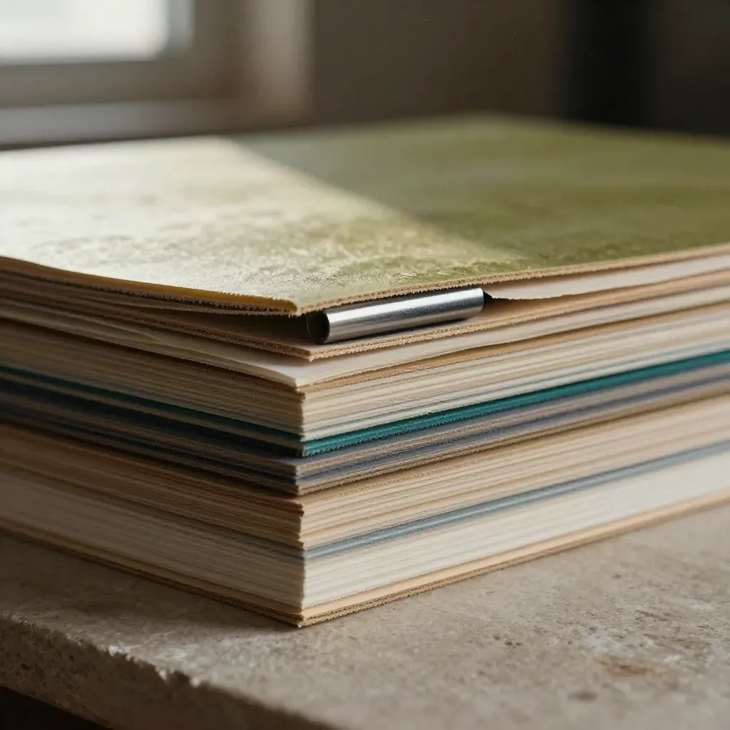 Close-up of layered material boards, vellum sheets and a polished sample puck in hard light.