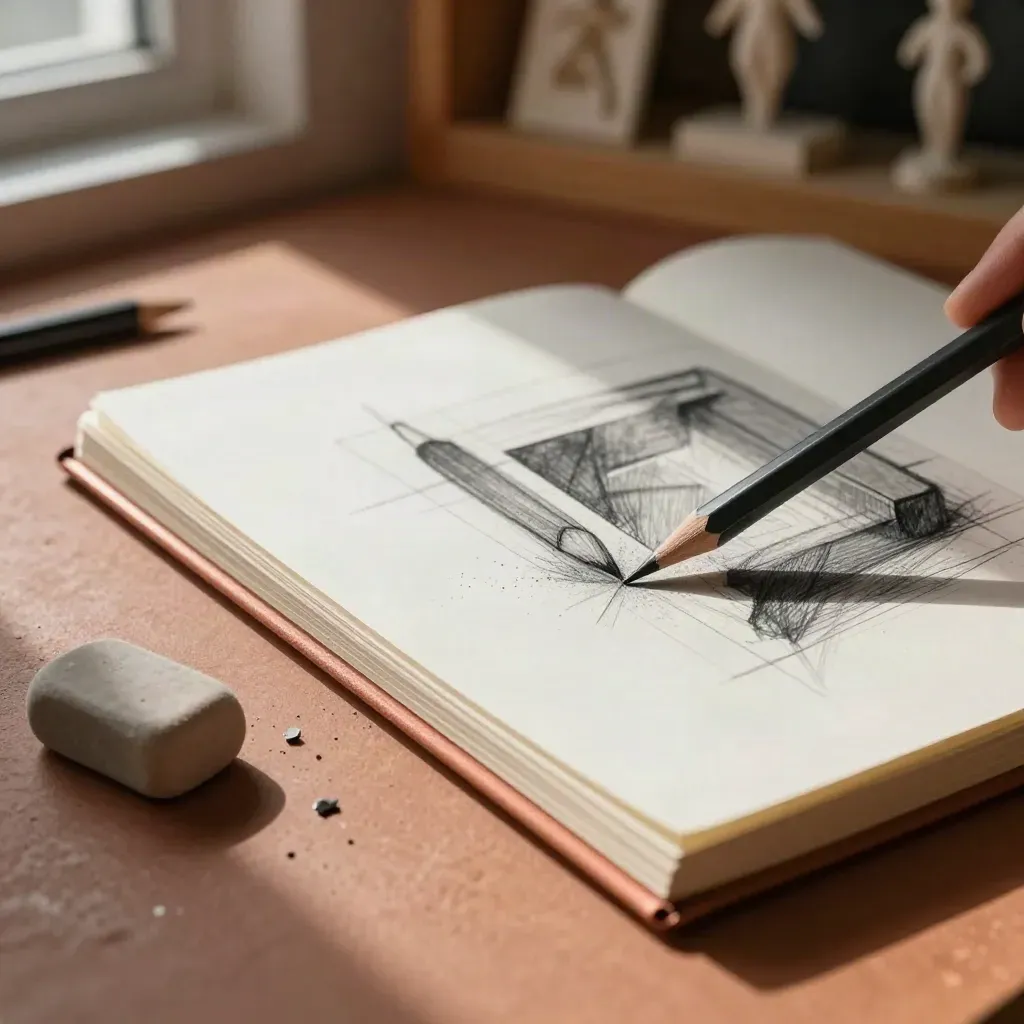 Graphite pencils, eraser crumbs and a layout sketchbook on a terracotta studio workbench.