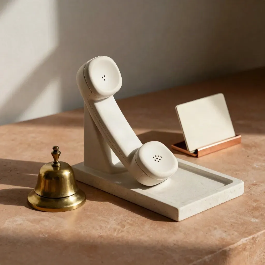 Ceramic phone cradle with brass bell and stone tray on terracotta plaster, softly lit from one side.