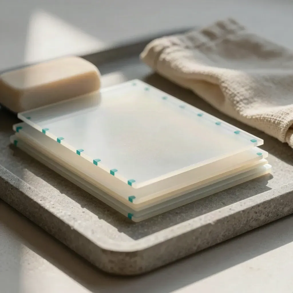Acetate overlays, teal tabs and eraser on a stone tray with a folded cloth