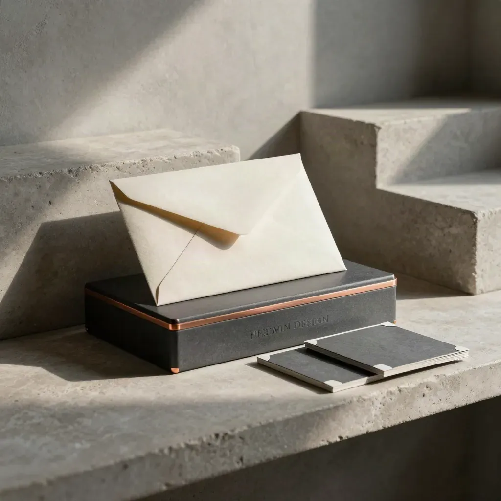 Archival delivery case, sealed envelope and nested art files on a stone shelf with copper accents.