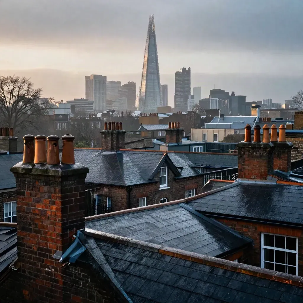 Misty London rooftops with Shoreditch brickwork and a shard skyline above wet streets.