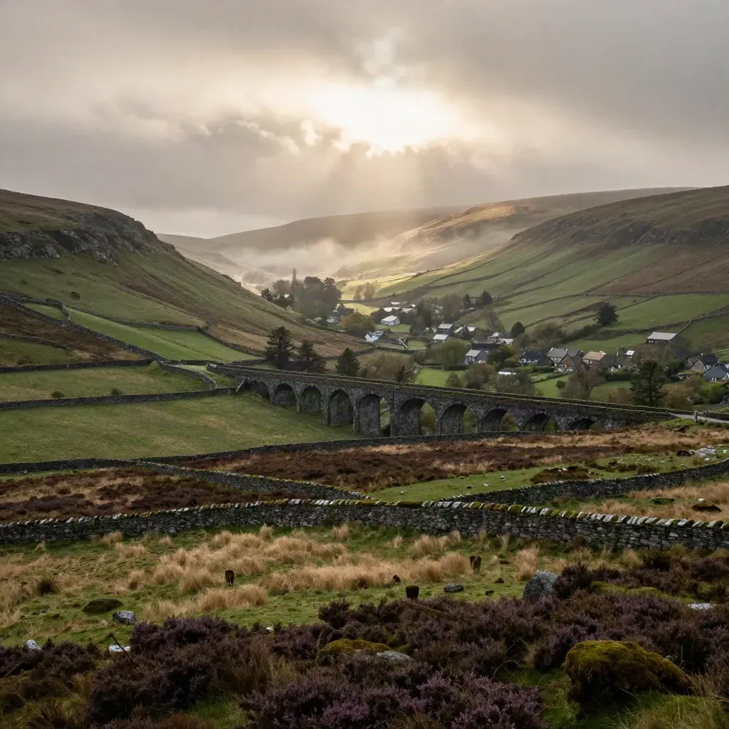 UK patchwork fields with a stone viaduct, village roofs and mist under a sliver of sun