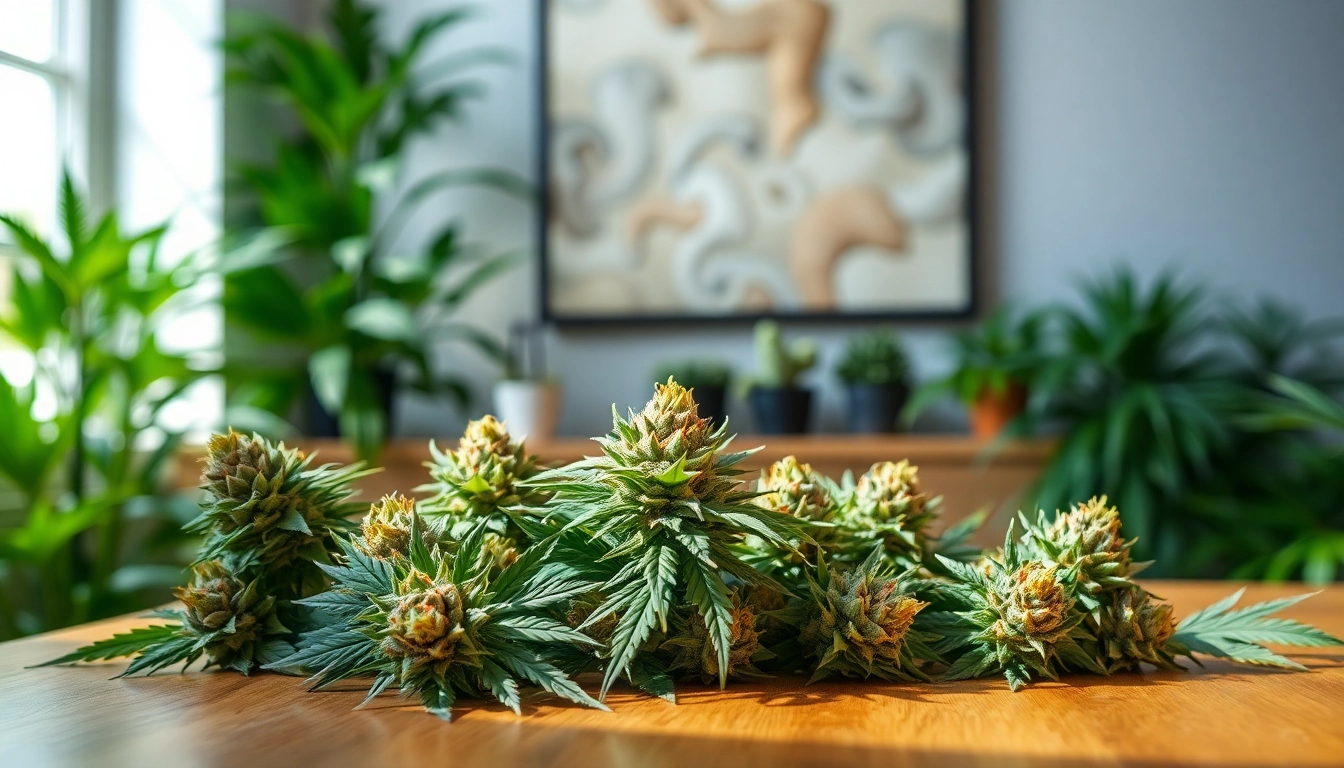 Buy High-Quality Cannabis UK showcased through vibrant, textured cannabis buds on a rustic wooden table.