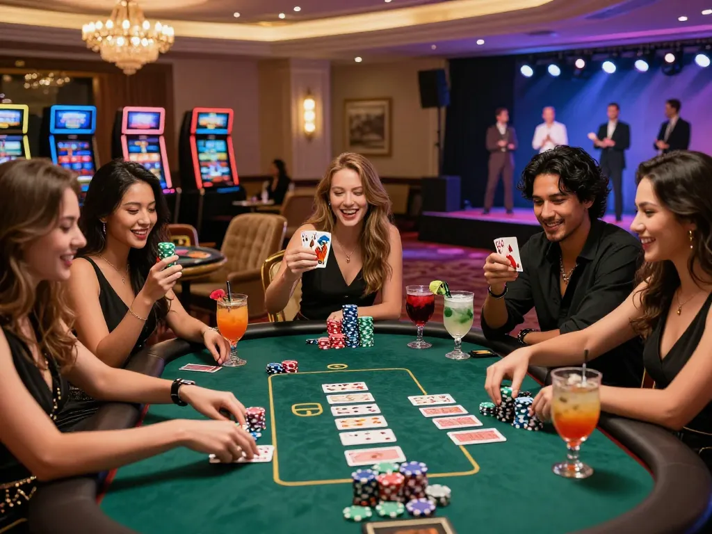 Friends celebrating a win at Gem88 casino, showcasing excitement and luxury.