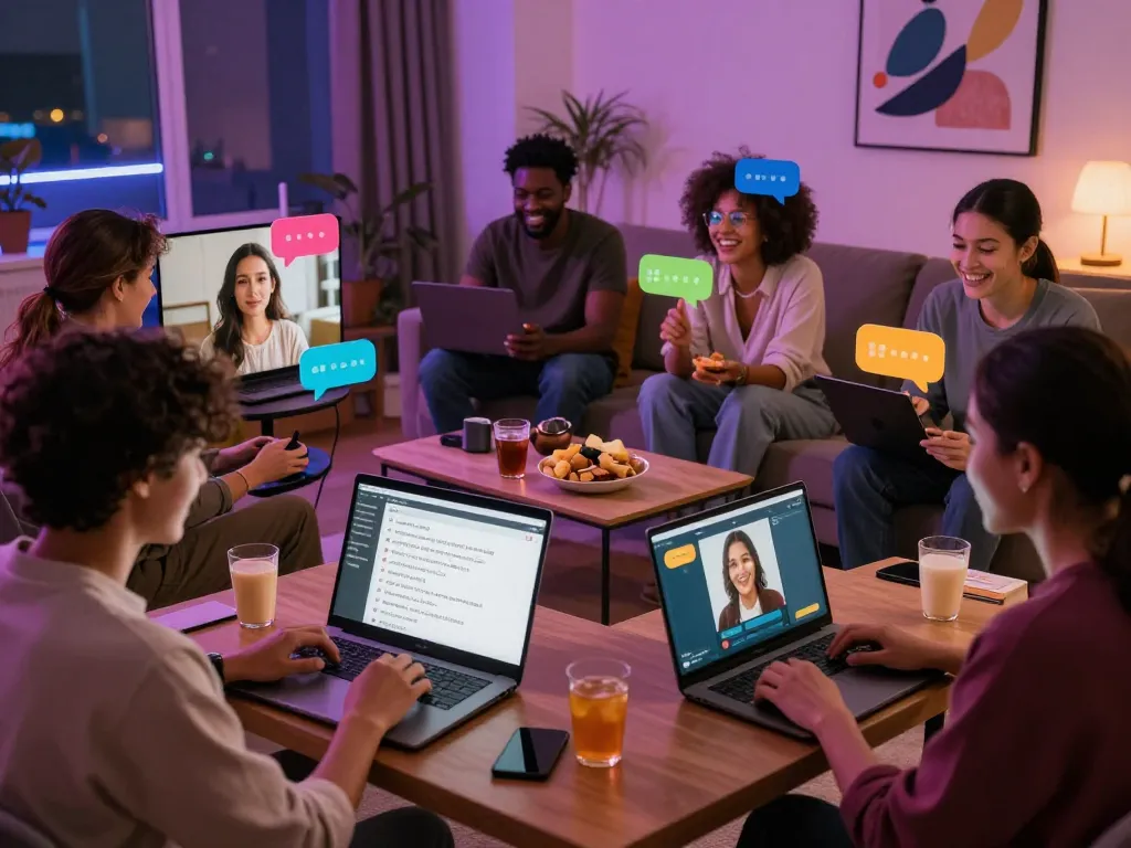 Engaging sexchat scene with diverse individuals communicating online in a vibrant atmosphere.