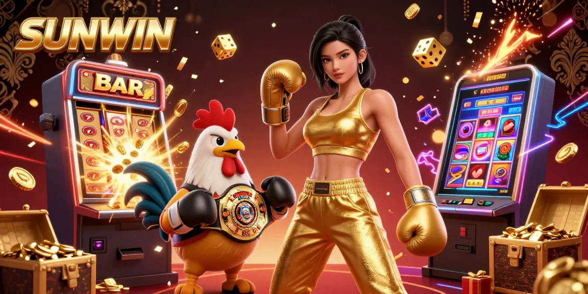 SUNWIN gamifies excitement with a 3D illustration of dynamic gameplay featuring slot machines, jackpot coins, and engaging characters.