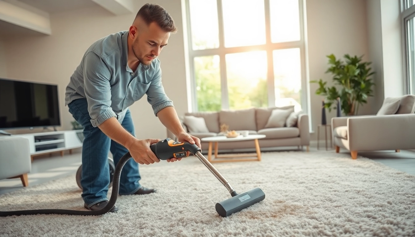 Professional carpet cleaning in a bright living room, showcasing a technician at work.
