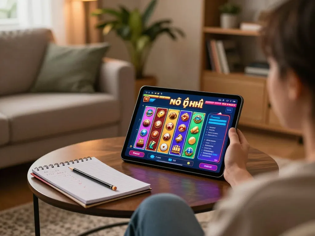 Engaging in a game nổ hũ while taking strategic notes in a cozy home setting.