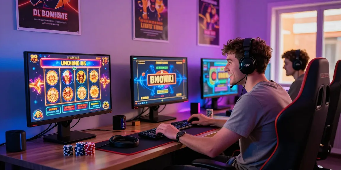 Player enjoying an immersive experience at a non UK casino, surrounded by gaming screens and vibrant lighting.