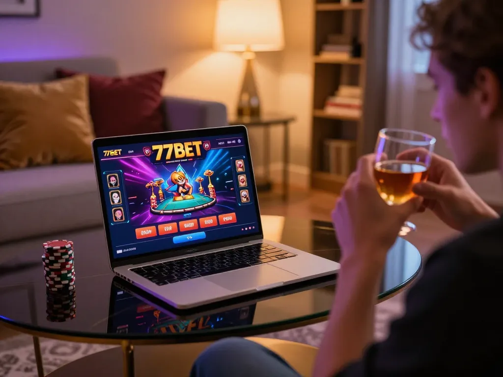 Engaging in strategic online gaming with 77bet on a stylish home setup.