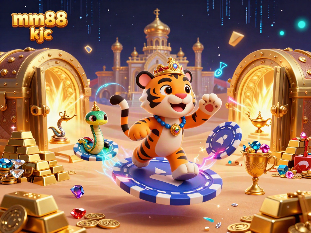 Experience the vibrant world of mm88 kjc through a magical, bustling casino scene filled with treasures and characters.