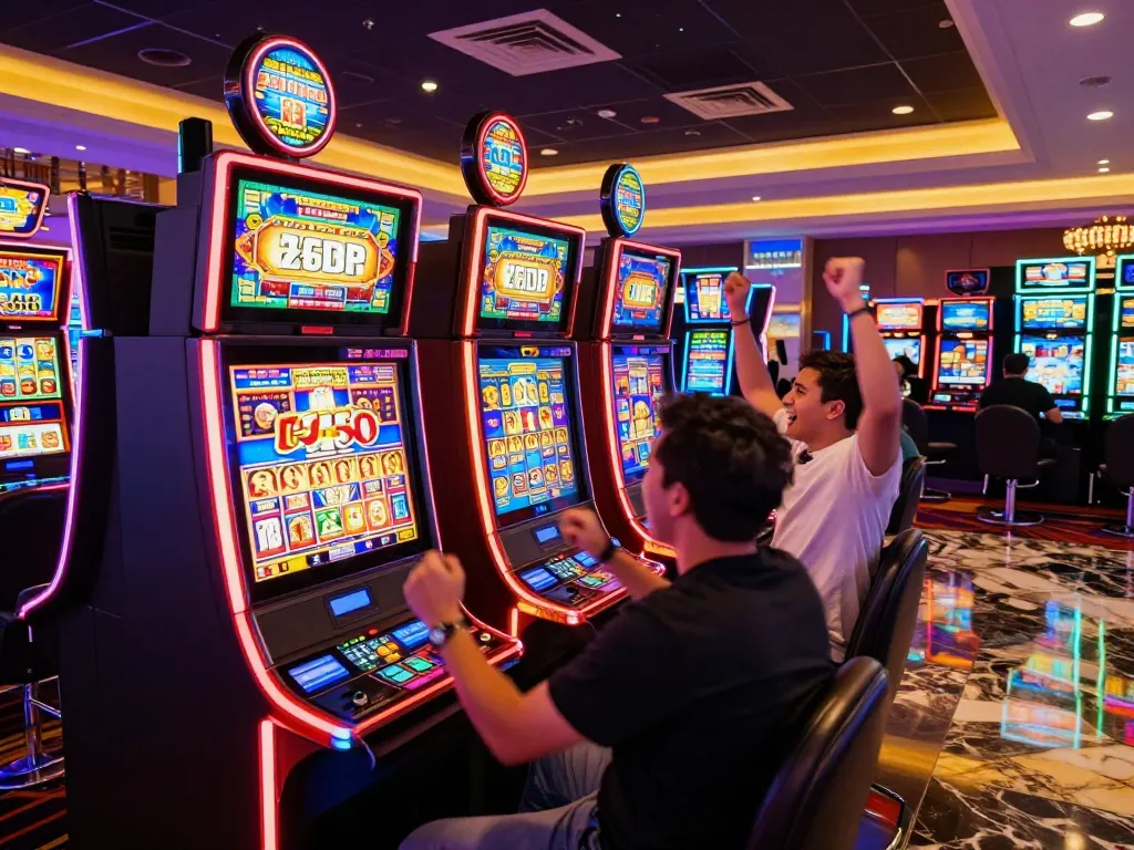 Players enjoying exciting slot games at 789win1 casino, with vibrant lights and celebrations.
