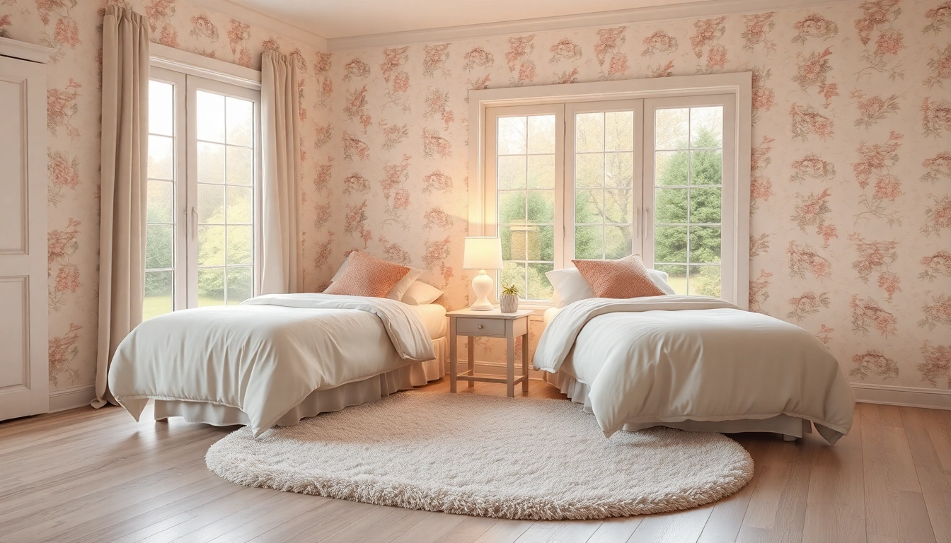 Cozy twin beds with pastel bedding in a warmly lit bedroom setting.