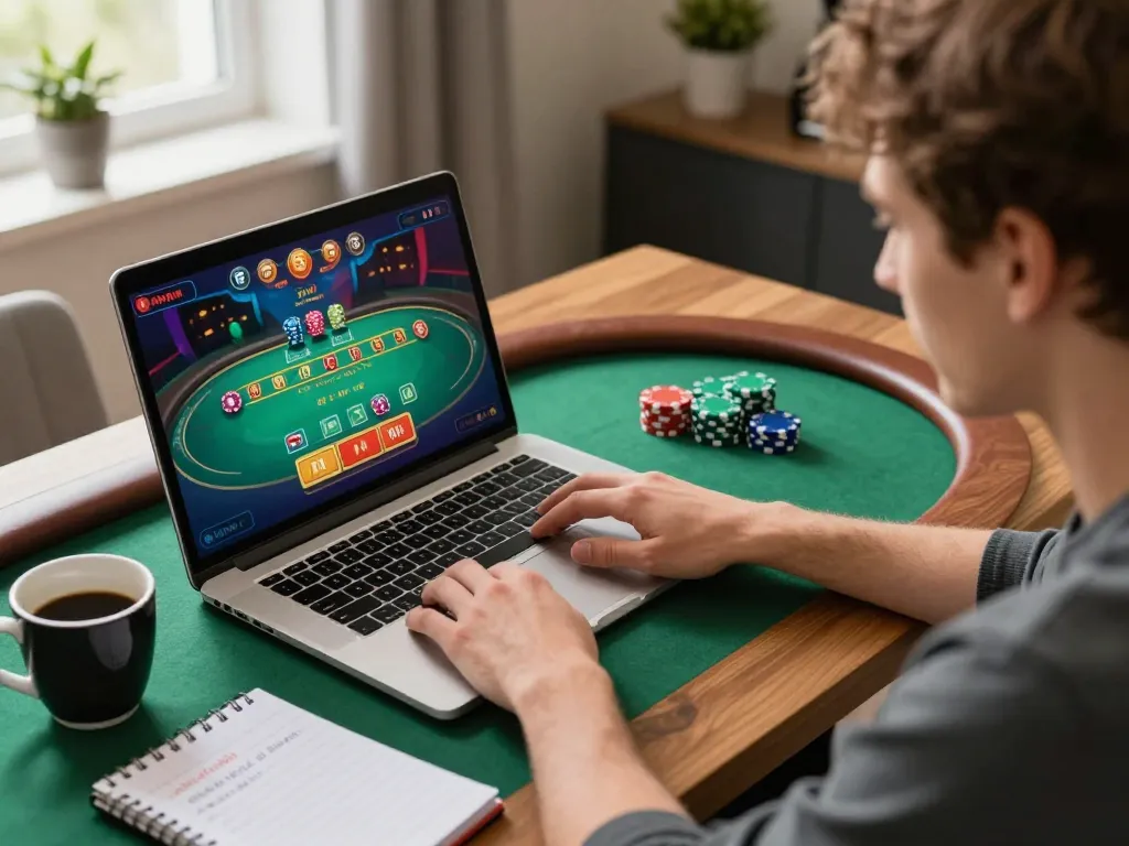 Engaging player strategizing on 13win poker game displayed on laptop in cozy home environment