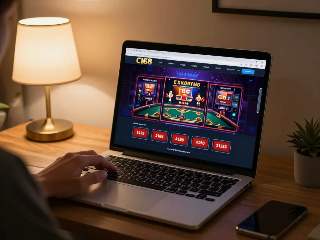 C168 online gaming on laptop with engaging casino interface, showcasing modern gambling experience