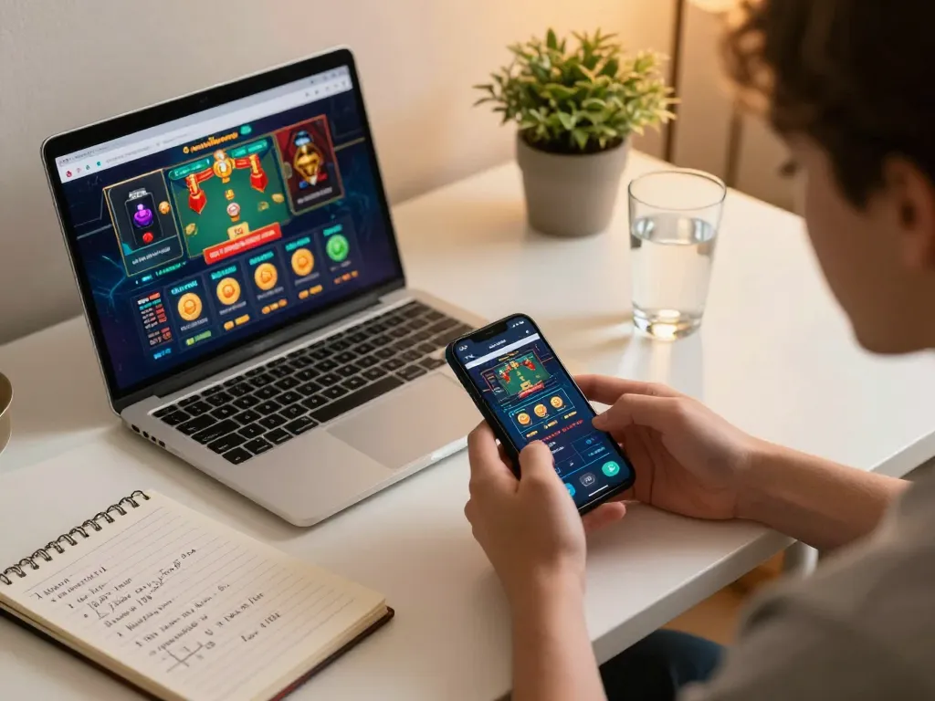 Playing casino games on smartphone via https://c168ii.com/ in a cozy home setting