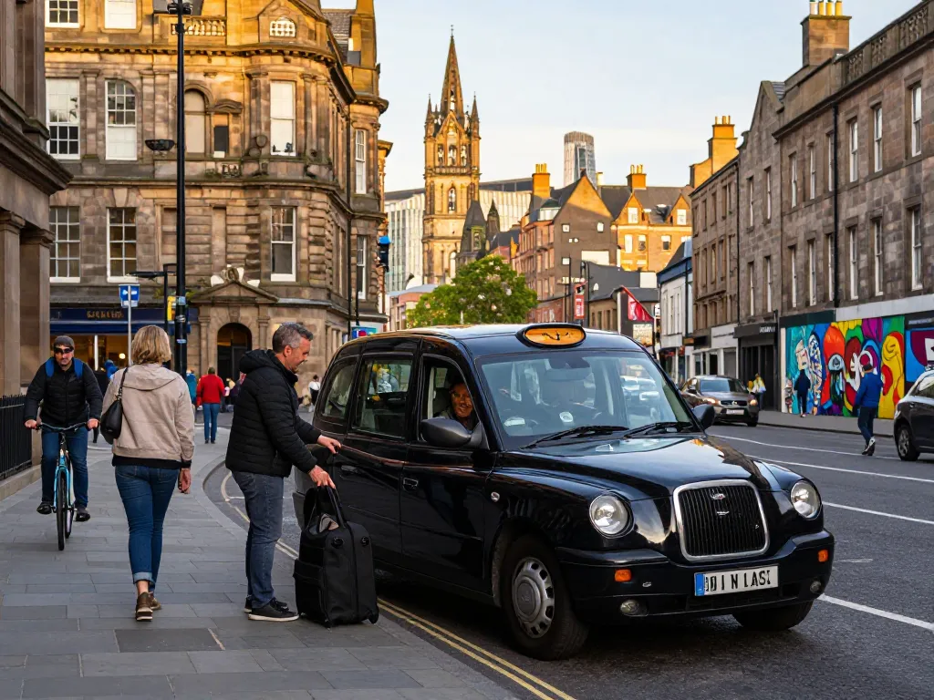 Taxi to Glasgow with a friendly driver assisting a passenger near a vibrant street scene.