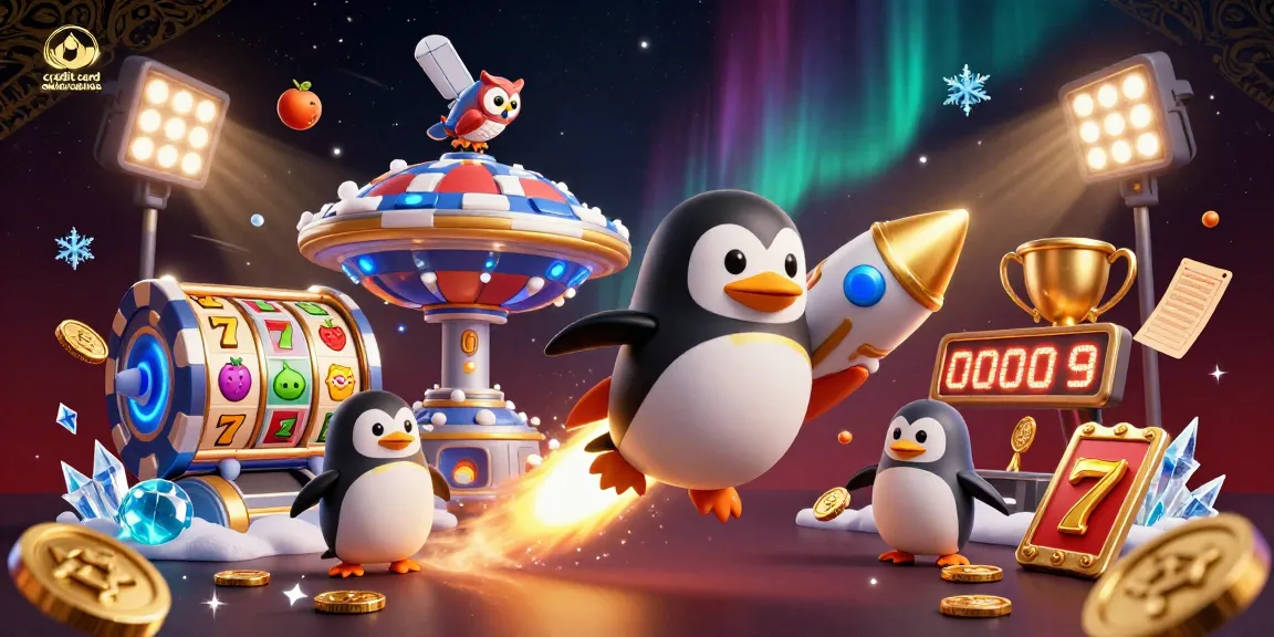 Experience thrilling gameplay at credit card online casinos with a penguin astronaut amidst dynamic casino elements.