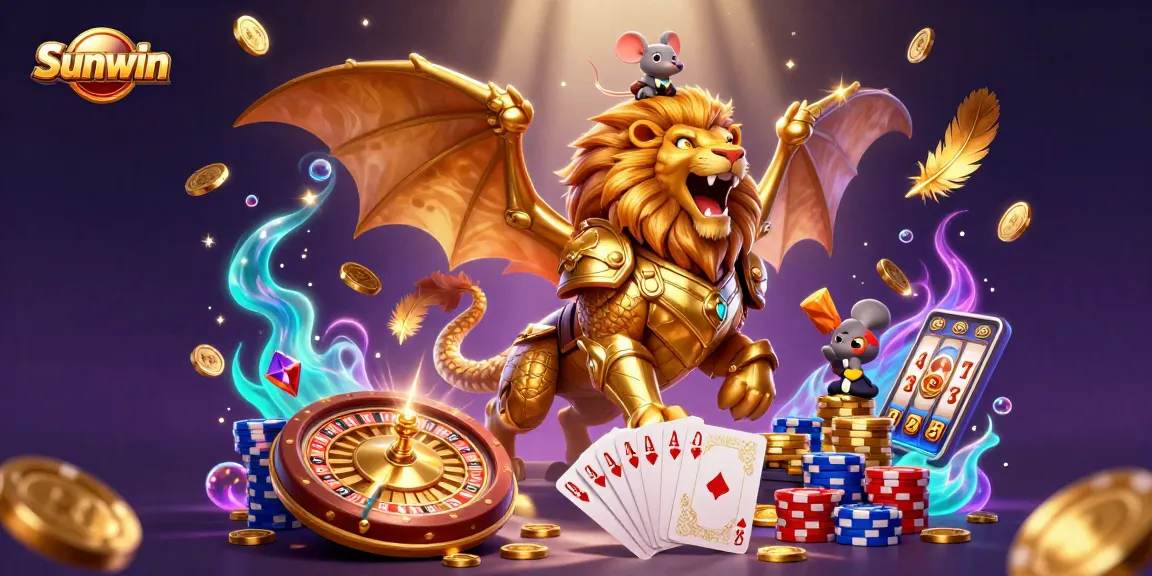 Experience big wins with Sunwin in this vibrant, dynamic casino scene featuring golden coins, cards, and more.