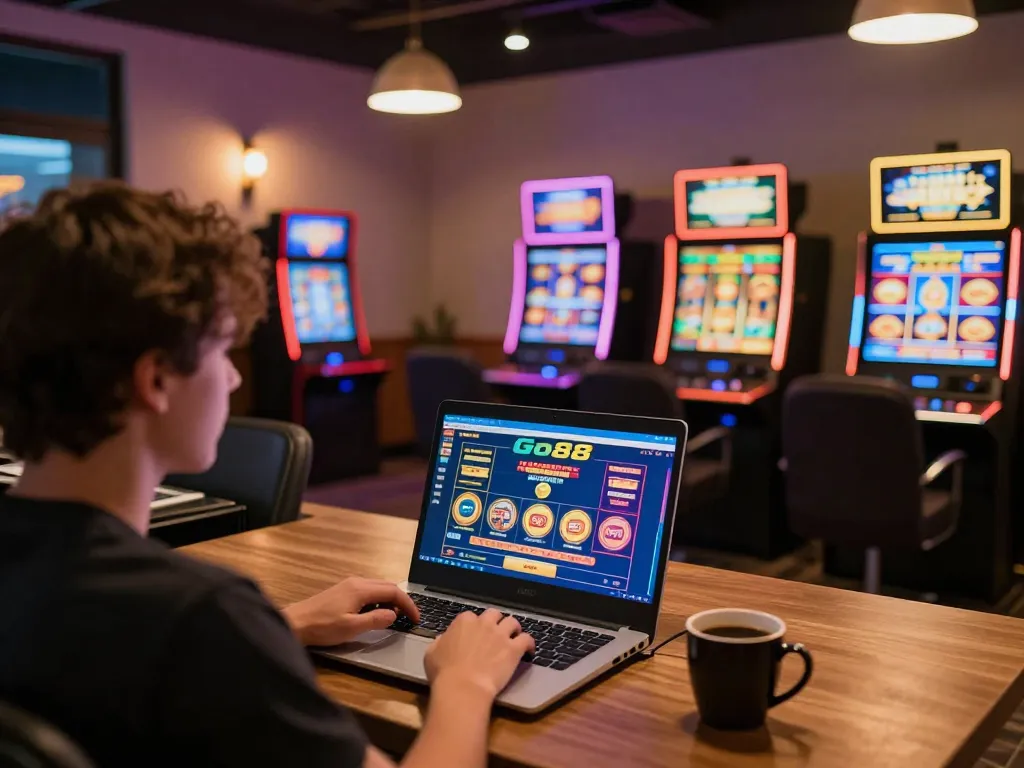 Engaging gameplay on Go88 interface at home, featuring vibrant online casino setup with cozy atmosphere.