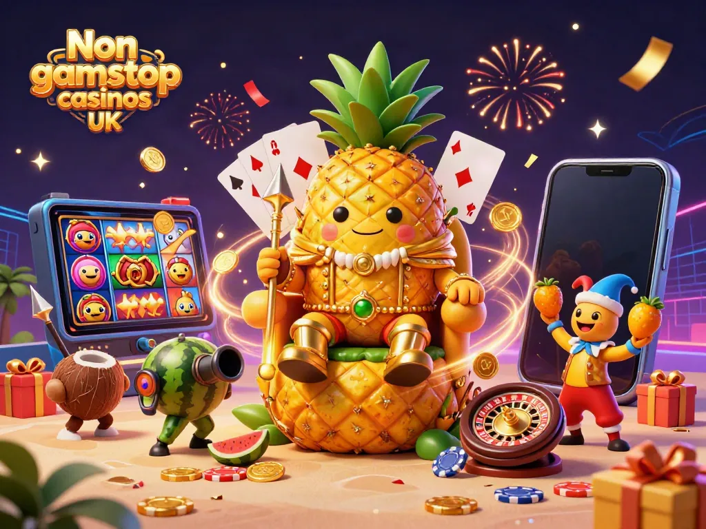Engage with Non gamstop casinos UK in a vibrant 3D casino scene featuring a golden pineapple king.