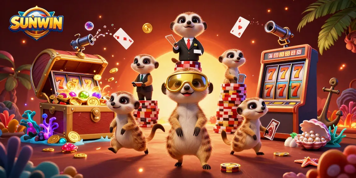 Experience SUNWIN's thrilling slots with animated meerkats managing a lively casino scene.