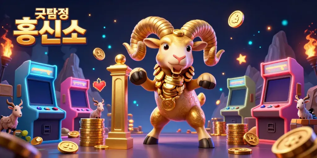 Experience thrilling insights at 굿탐정 흥신소 with energetic 3D representation of a golden ram charging through a vibrant casino scene.