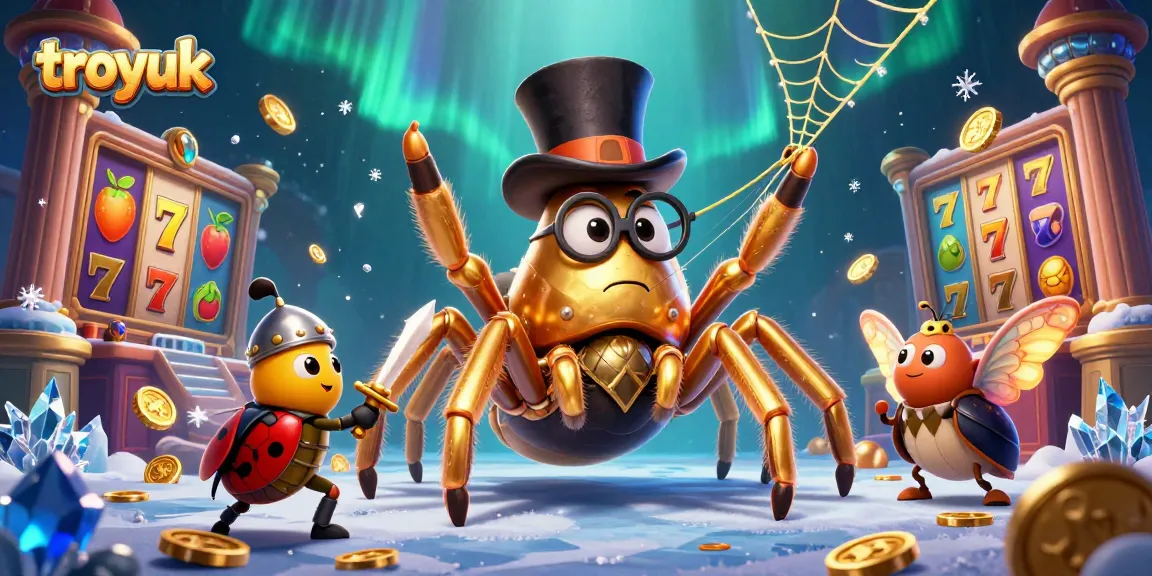 Troyuk showcases an exciting casino scene with a golden tarantula and a beetle knight among vibrant slot machines and glowing coins.