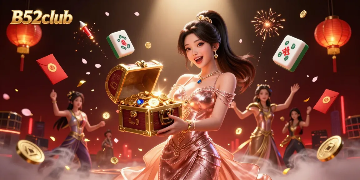B52club captures the excitement of gaming as a joyful Asian woman reveals treasures from a chest amidst festive elements.