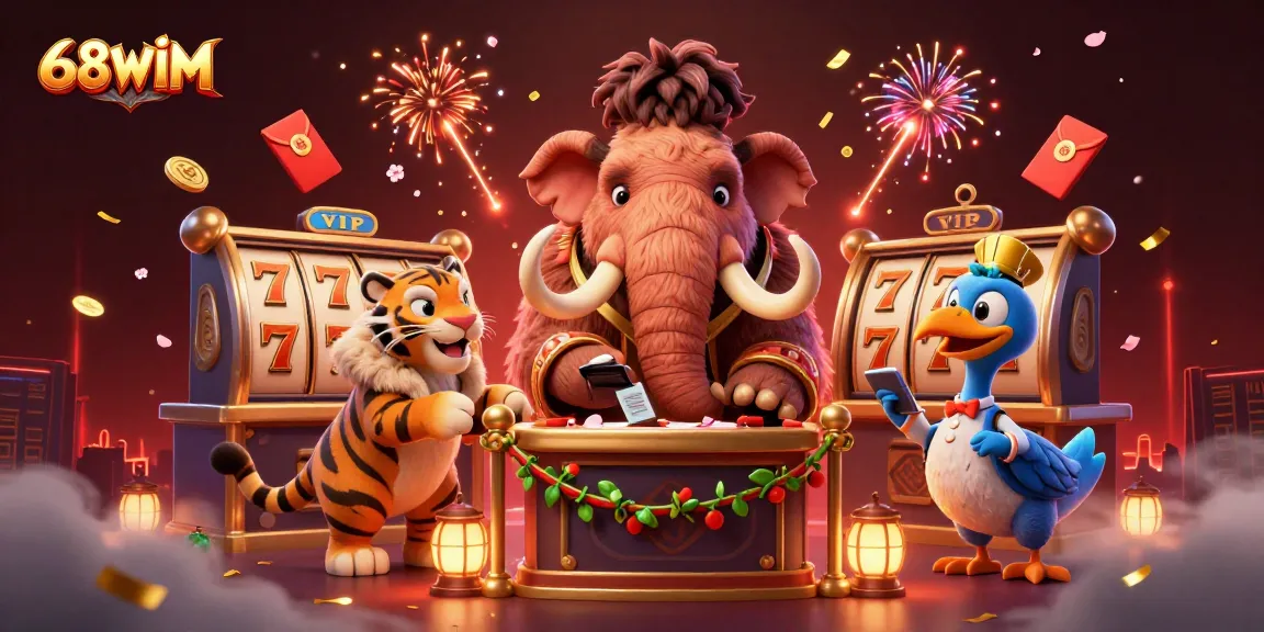 Experience thrilling gaming at 68WIM with vibrant slots and dynamic characters depicted in a colorful scene.