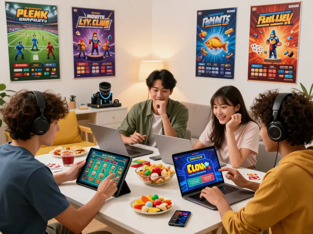 Hit Club gaming scene with friends enjoying casino and sports games together in a cozy living room atmosphere.