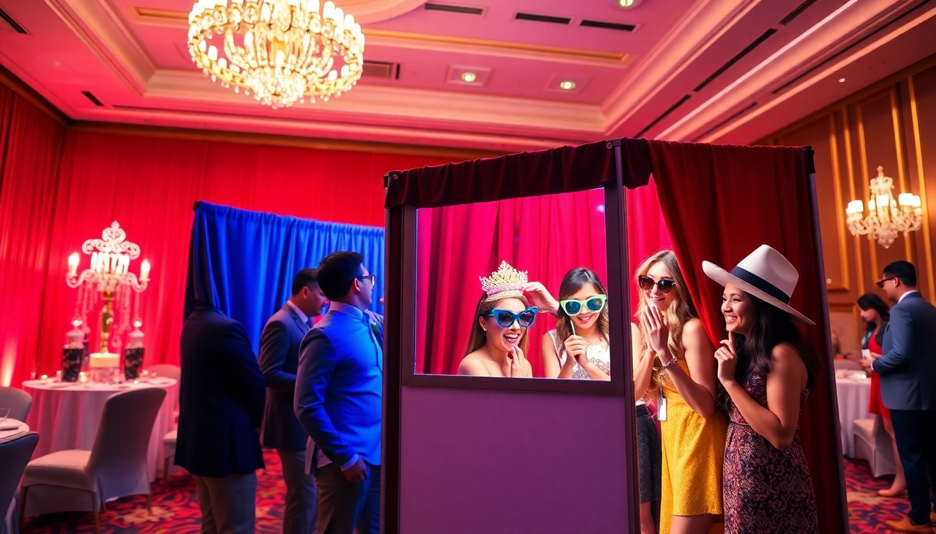 Engaged guests enjoying a photo booth rental Chicago experience at a festive event.